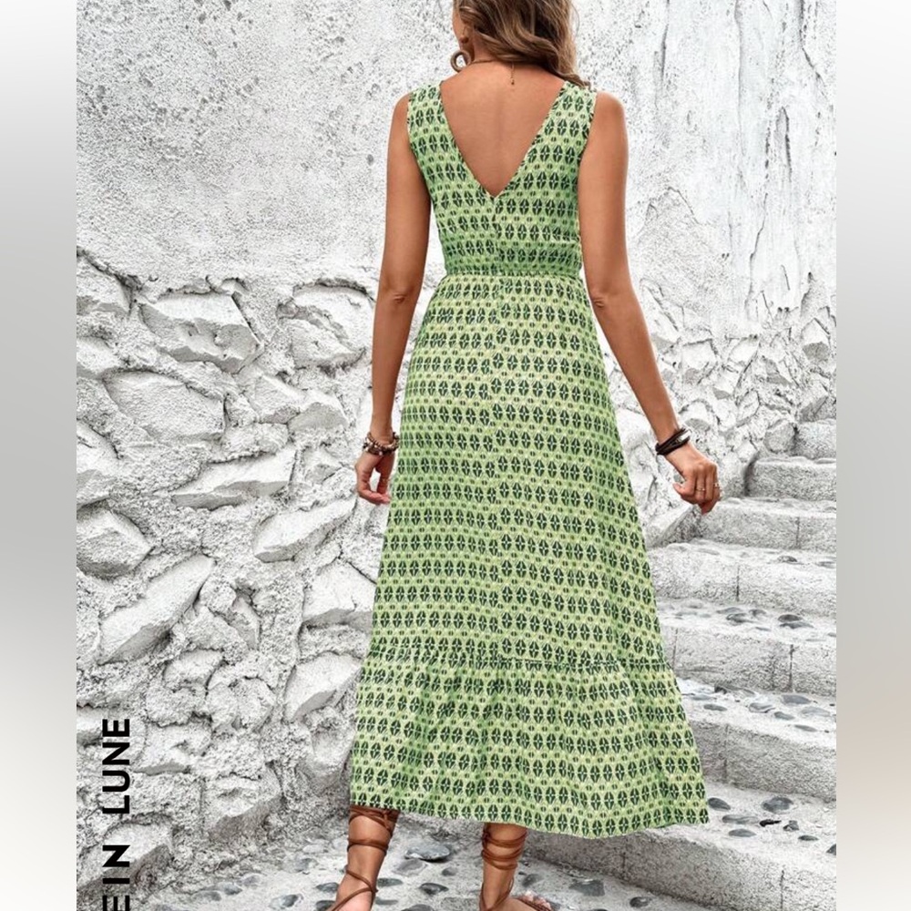 SHEIN LUNE Women Fashionable Printed Sleeveless V-Neck Dress Green 8/10 … - Picture 5 of 12